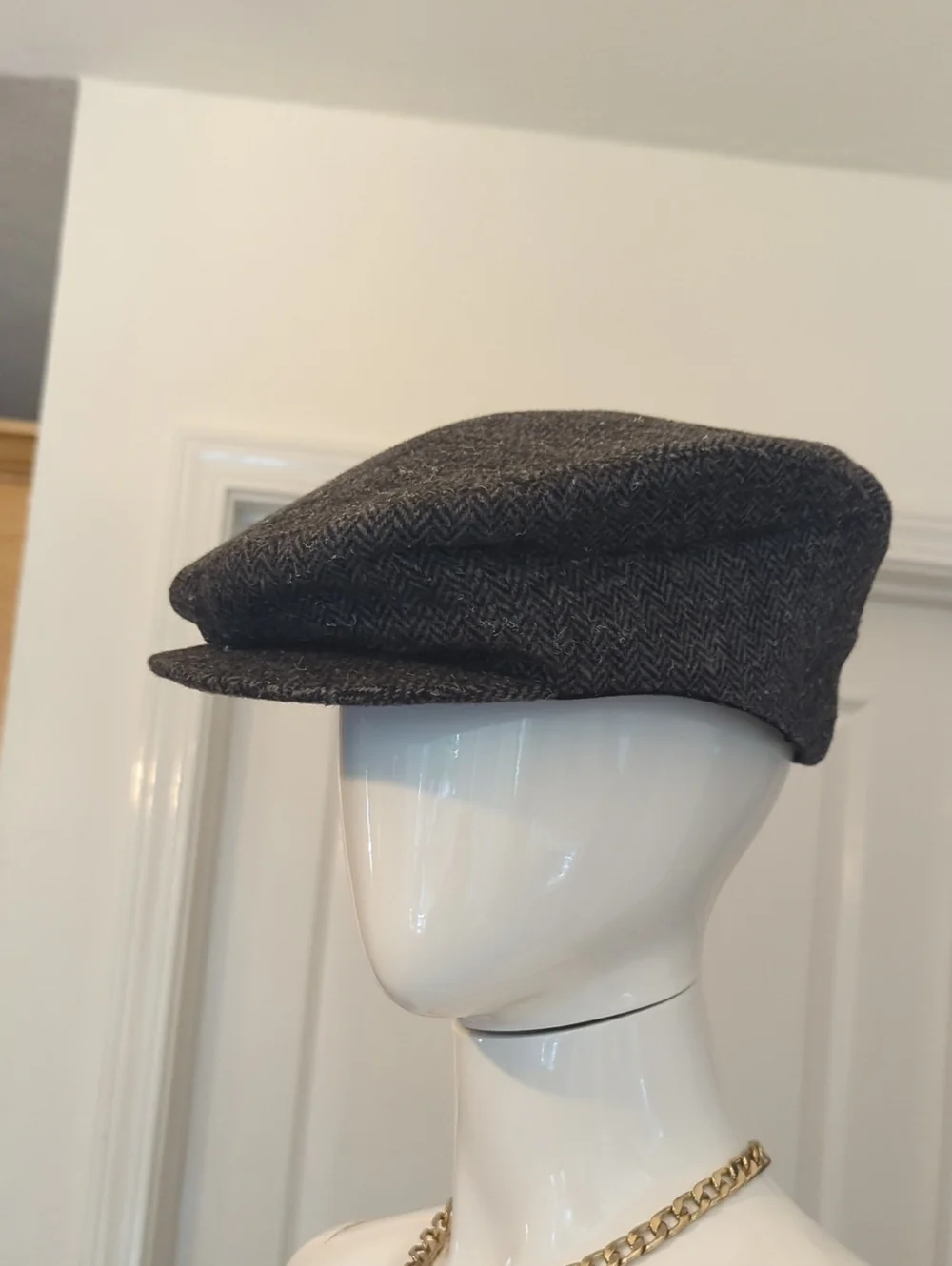 Vintage Sima Int. 100% Pure Wool Herringbone Skipper Cap Hat Black Grey  XL